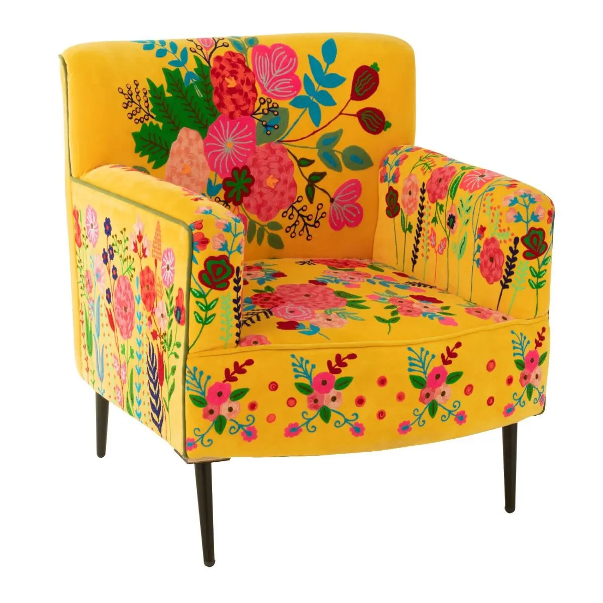 Fauteuil en Velours Brodé «Fleurs» 84cm Jaune