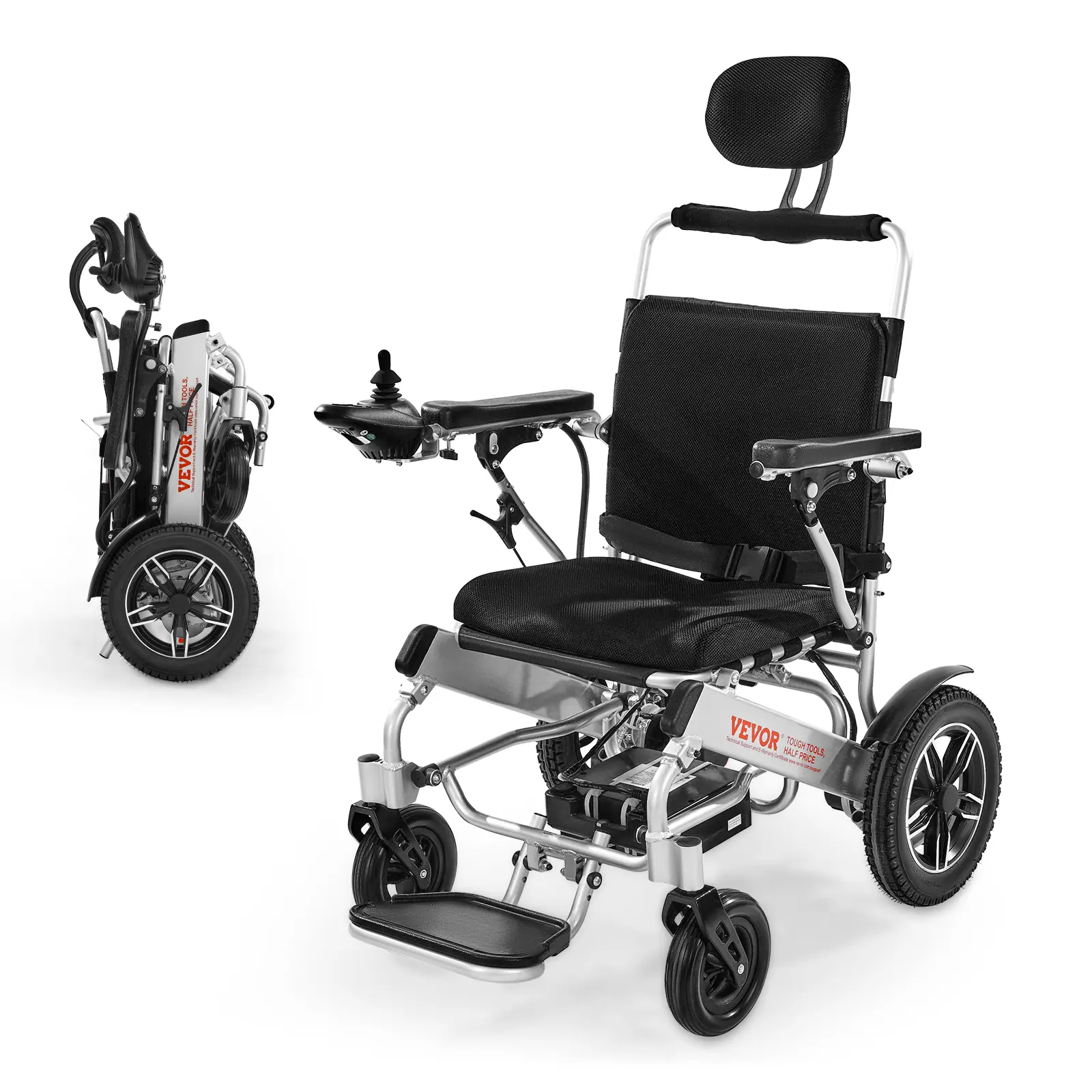 VEVOR Fauteuil roulant électrique, charge 136 kg, dossier réglable, autonomie 21 km. Siège 533 mm, pliable.