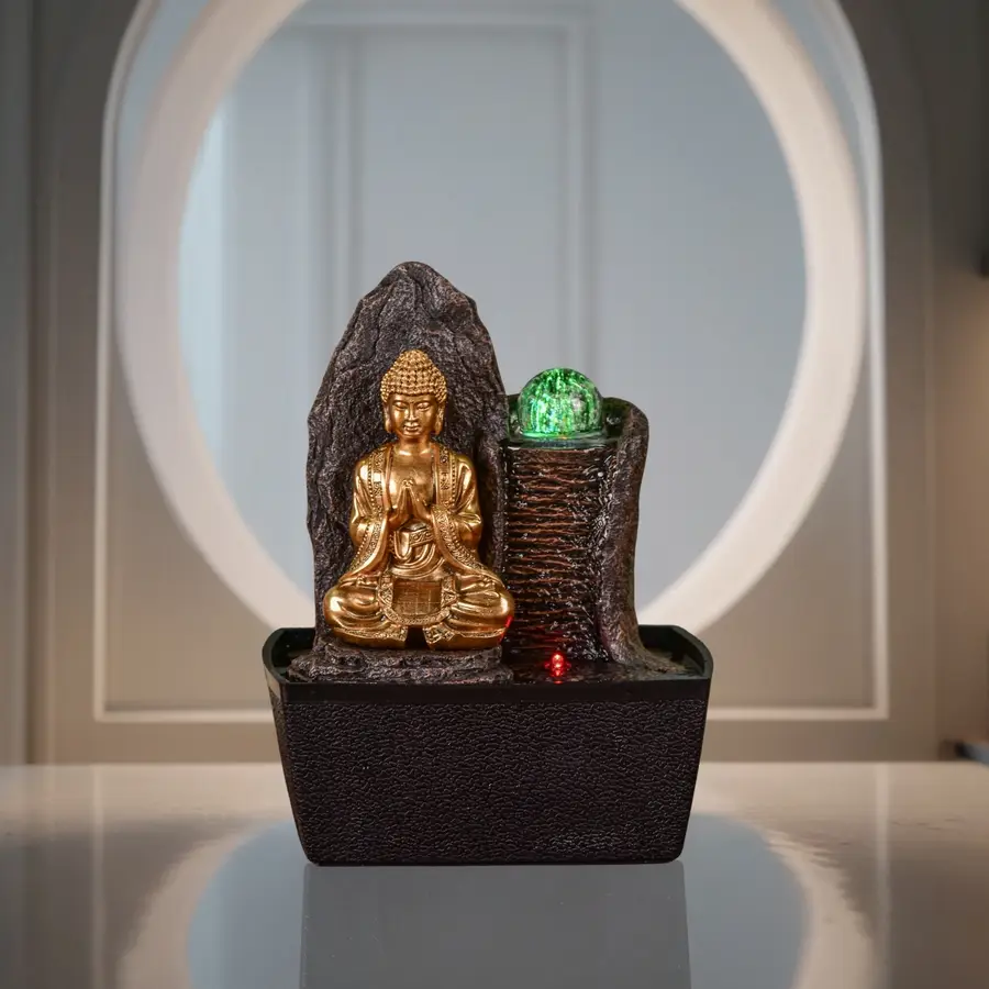 Fontaine Bouddha Haka – Fontaine d’Intérieur Bouddha – Objet Feng Shui – Déco Porte-Bonheur – Marron et Dorée – H 26cm – Zen’Light
