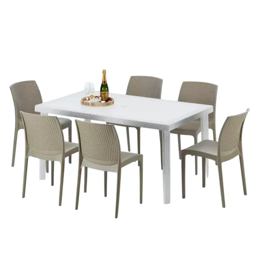 Ensemble de table rectangulaire blanche 150x90cm 6 chaises Blue Lagoon|Beige