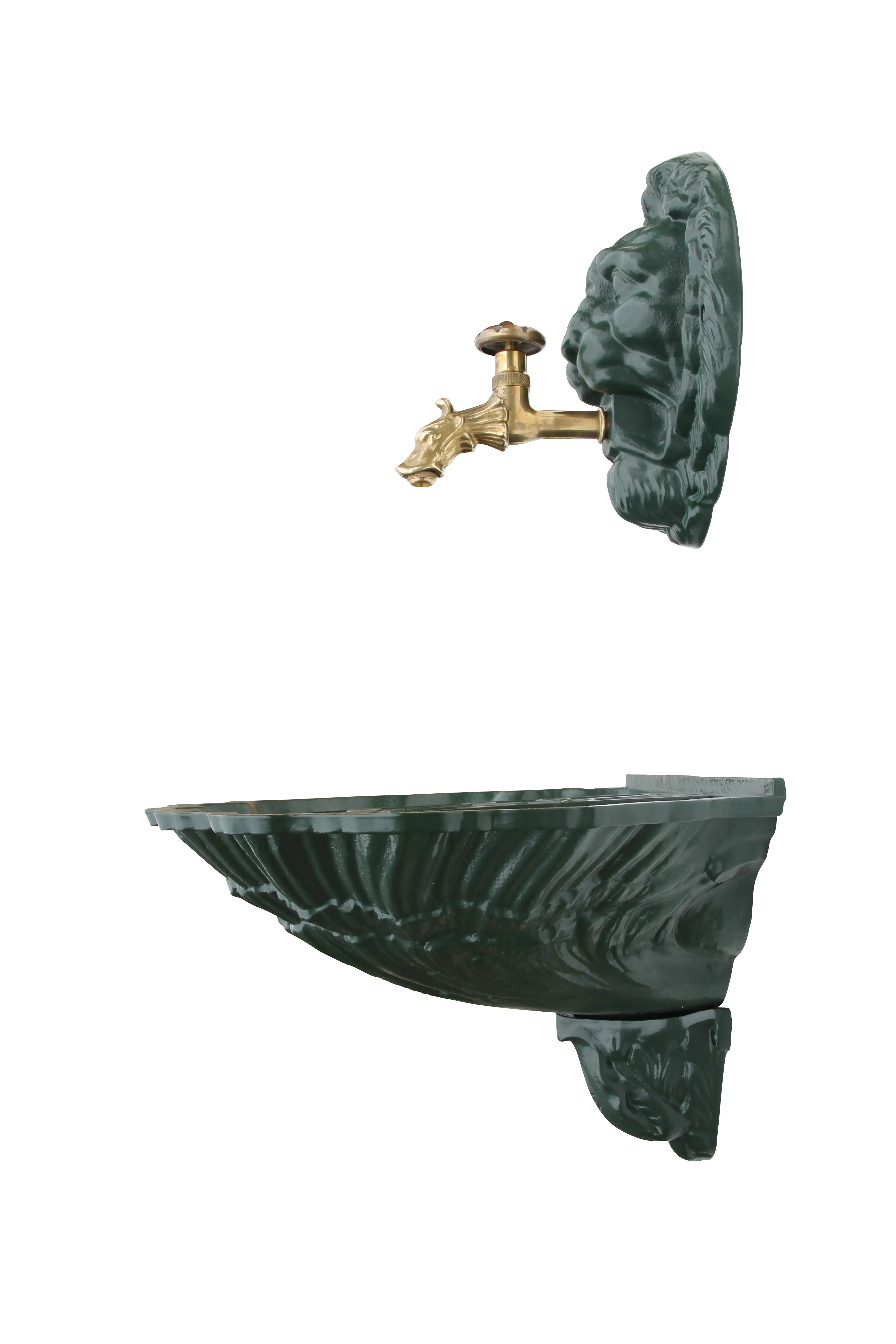 Fontaine coquille au lion vert 6009 avec robinet colvert Dommartin H. 54cm X L. 38cm