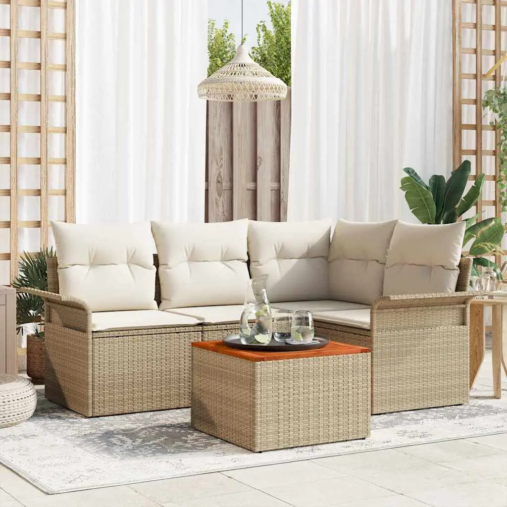 Ensemble Terrasse 5 pcs Beige & Crème – Polyrotin & Bois Massif – Coussins Lavables – ComfortXL Outdoor Living