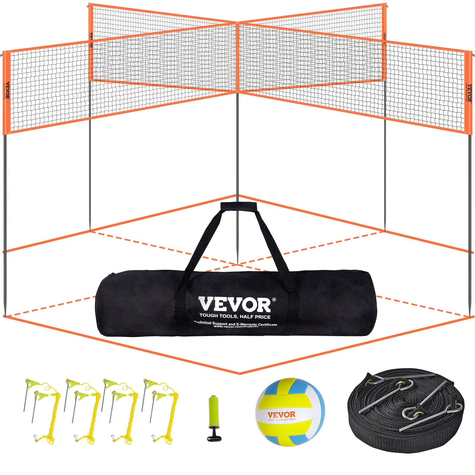 VEVOR Filet volleyball 4 carrés, badminton hauteur réglable, portable, sac.