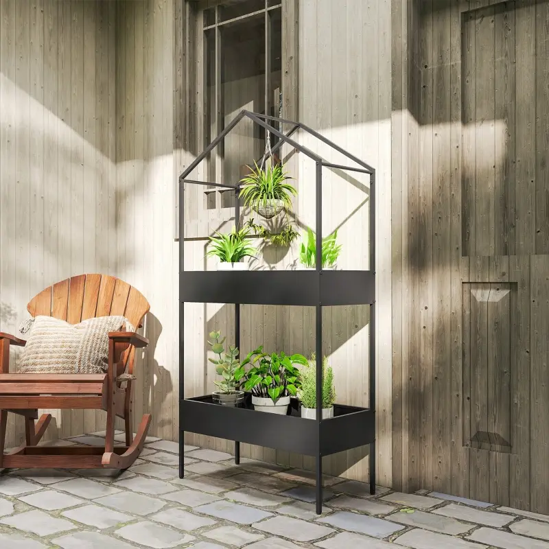 Étagère porte-plantes métal balcon jardin forme maison support pots 150cm noir – ComfortXL Outdoor Living
