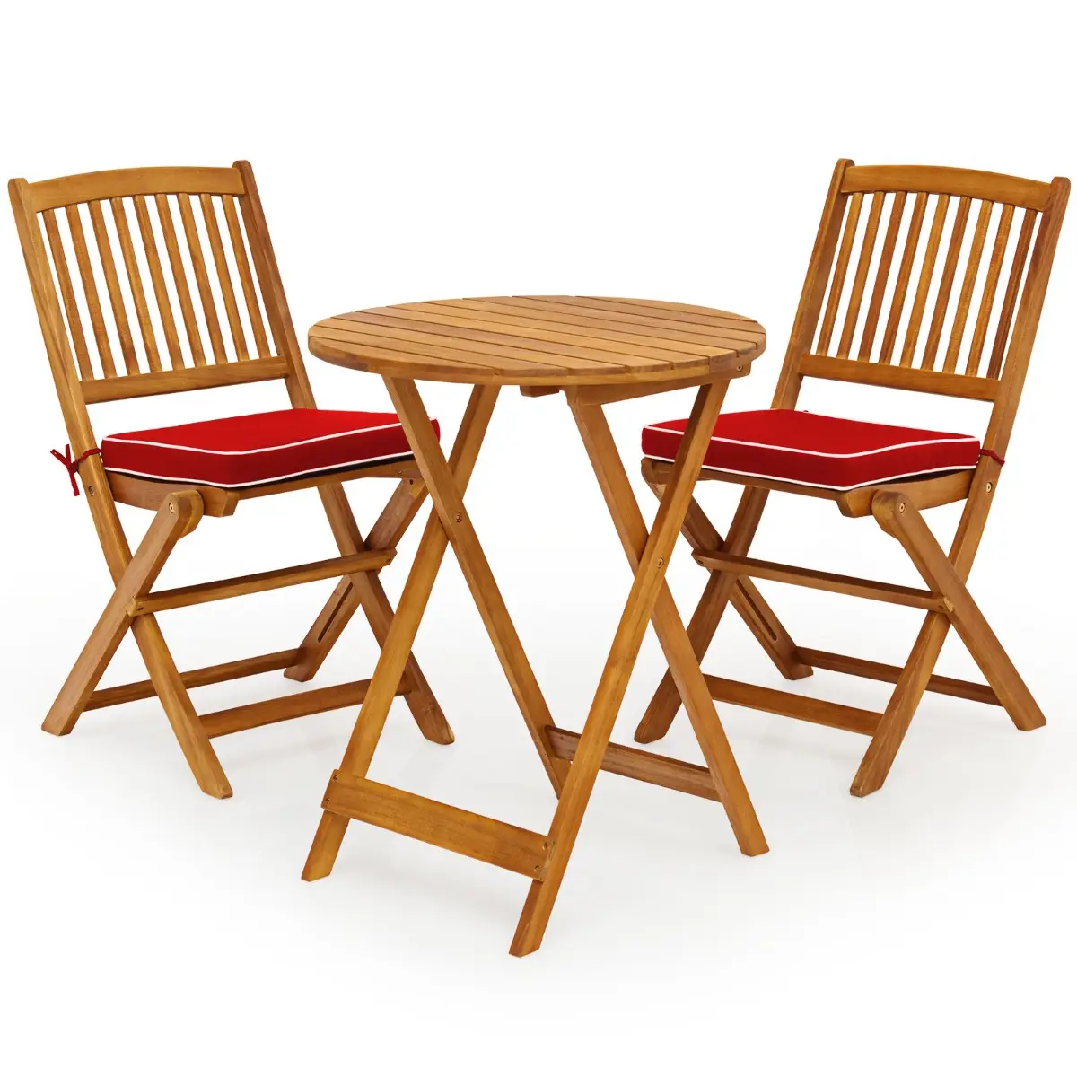 Ensemble de Table et Chaises Pliable avec 2 Chaises et 1 Table Ronde en Bois d’Acacia pour Intérieur et Extérieur Naturel+Rouge