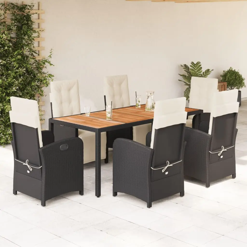 Ensemble Table et 6 Fauteuils de Jardin Inclinables Noir et Bois d’Acacia, Coussins Crème – ComfortXL Outdoor Living