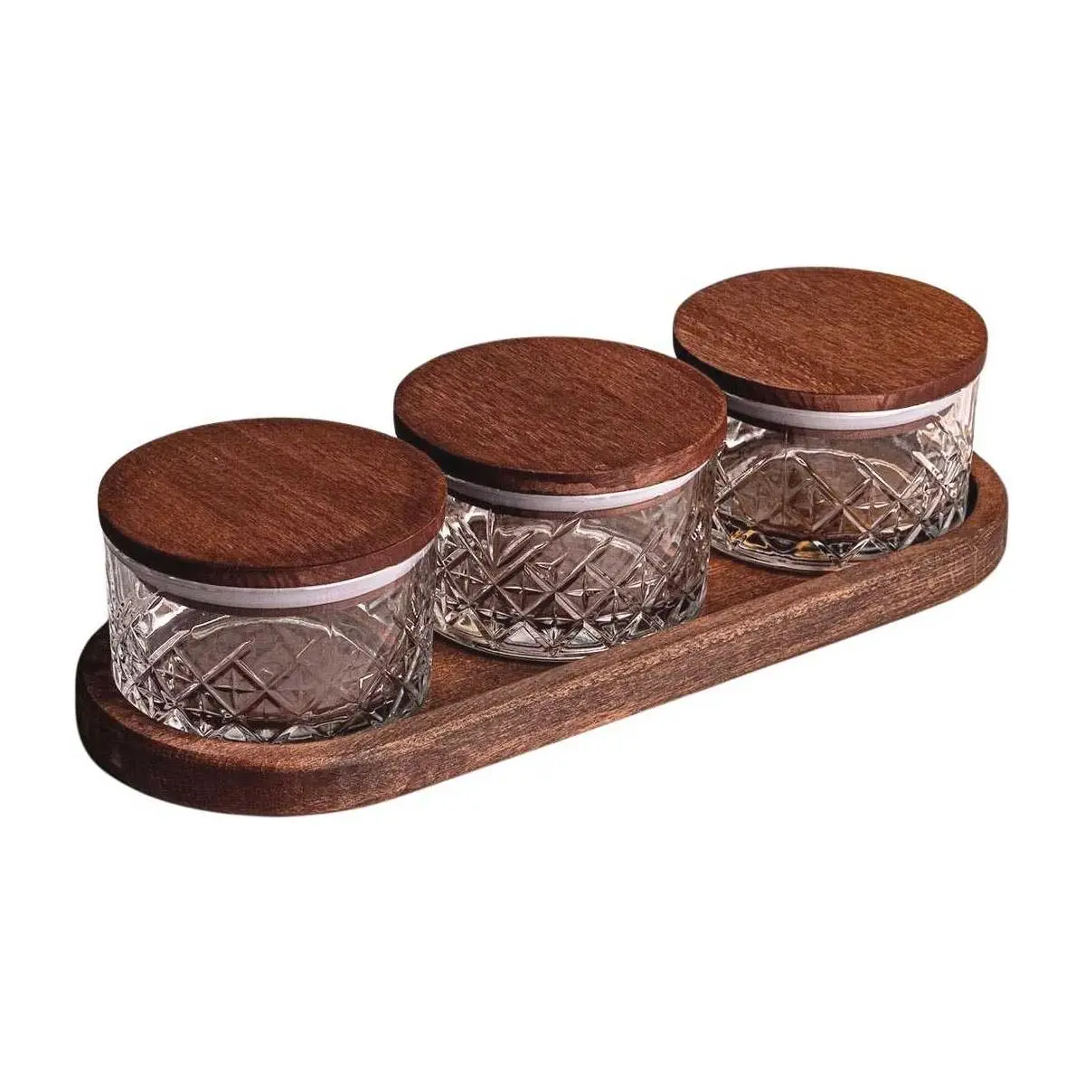 Ensemble pots en verre avec couvercle et plateau bois 3 pots ronds – Milla
