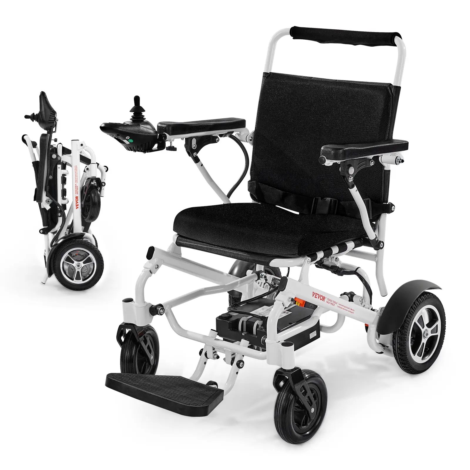 VEVOR Fauteuil roulant électrique, charge 136 kg, autonomie 21 km, siège 533 mm.