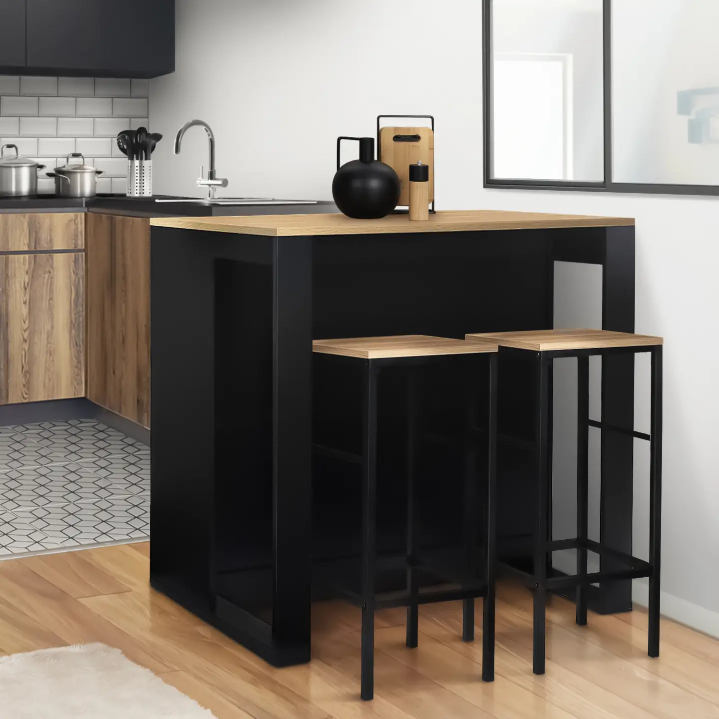 Ensemble table de bar îlot JUNO bois noir avec plateau façon hêtre et 2 tabourets de bar DETROIT