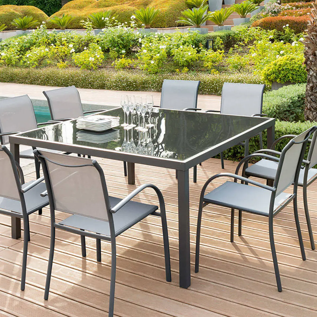 Fauteuil de jardin empilable «Piazza» galet & graphite aluminium traité époxy Hespéride
