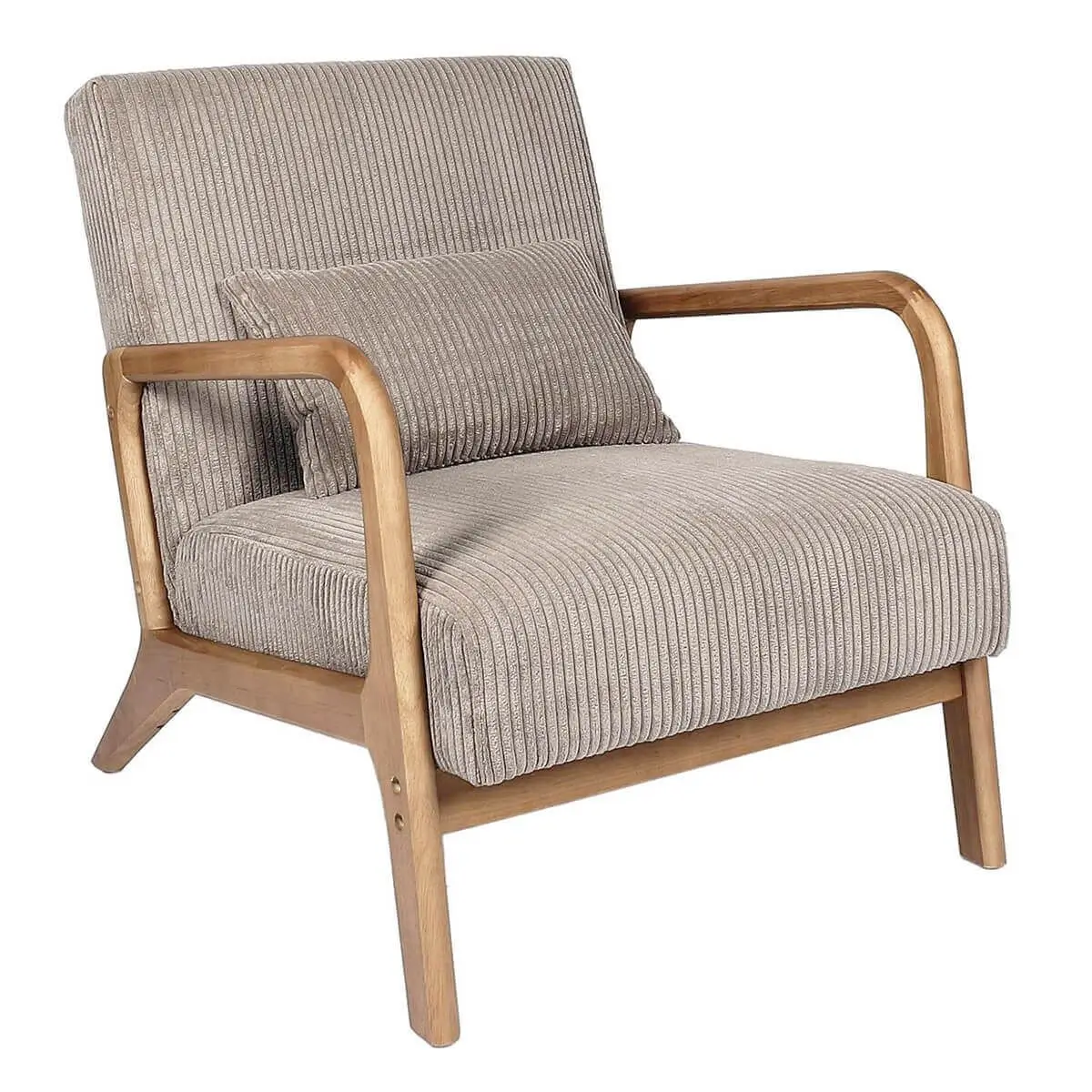Fauteuil en velours côtelé coloris taupe pieds et accoudoirs en hévéa – AMORY