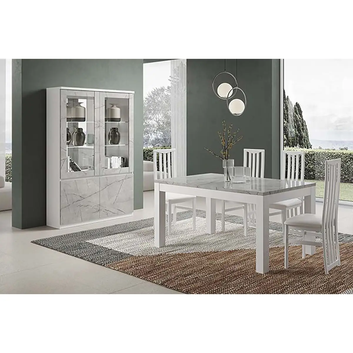 Ensemble Séjour Blanc et Gris Marbré Table 160cm + Vitrine avec Leds – DEYTON