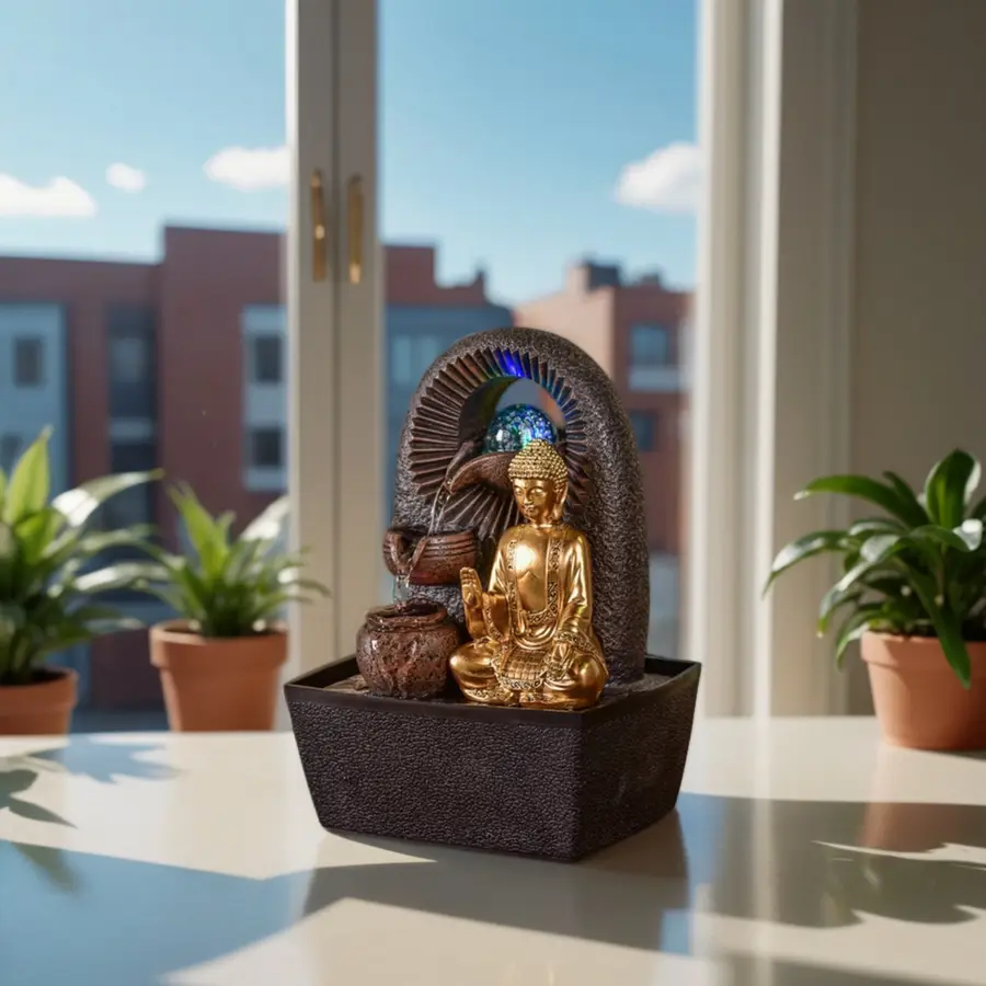Fontaine Bouddha Bhava – Fontaine d’Intérieur Statue Bouddha Amovible – Cadeau Objet Déco Zen – Marron et Dorée – H 26cm – Zen’Light
