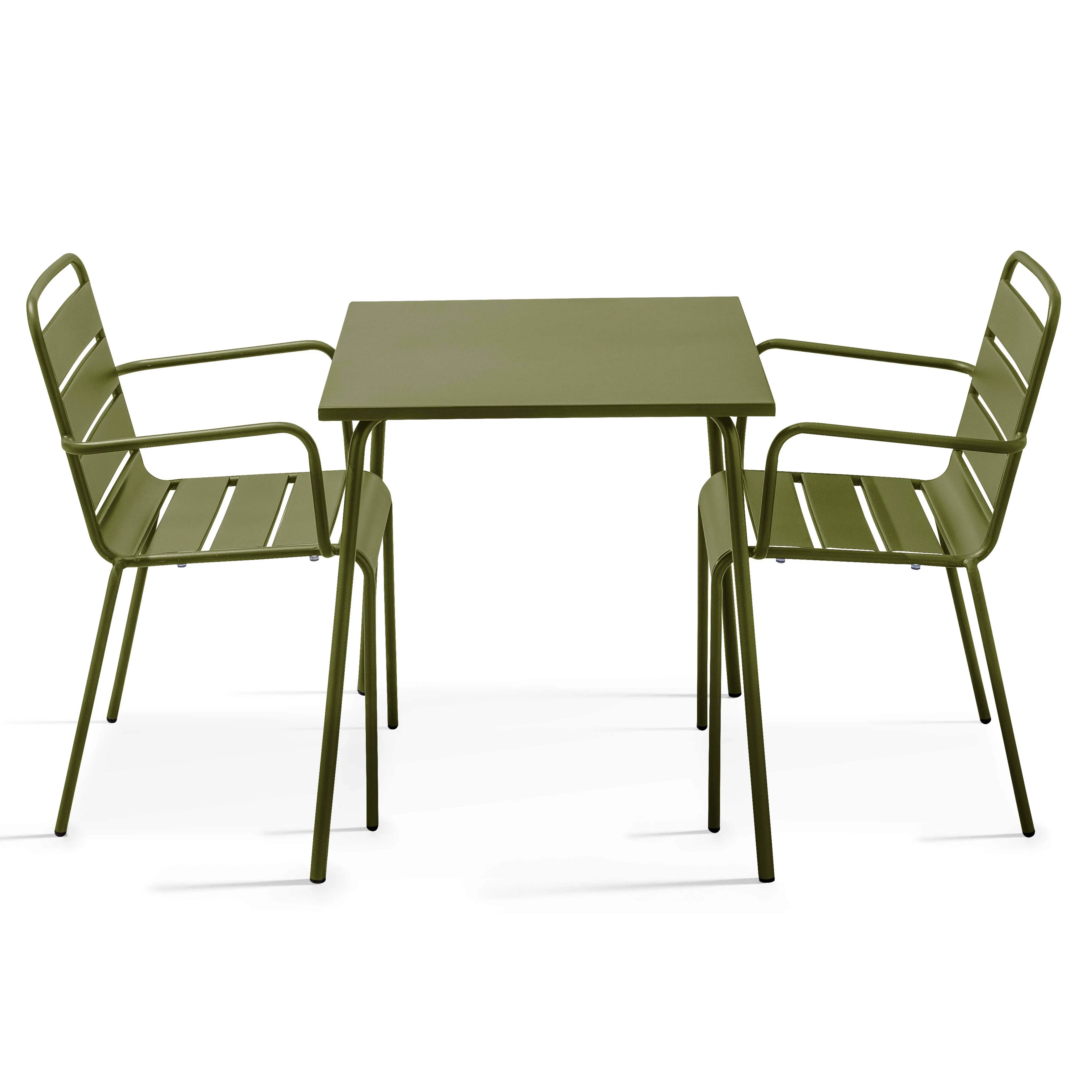 Ensemble table de jardin carrée et 2 fauteuils acier 70 cm vert Kaki Palavas – Oviala