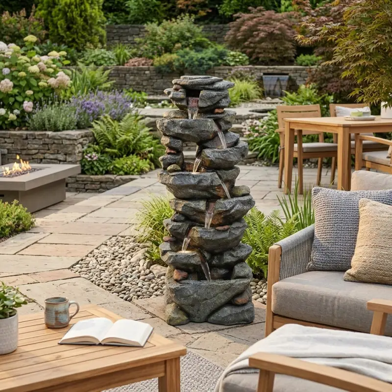 Fontaine cascade de jardin en polyrésine gris 1300L/h 66x46x164cm avec LED blanc chaud Art-Pond