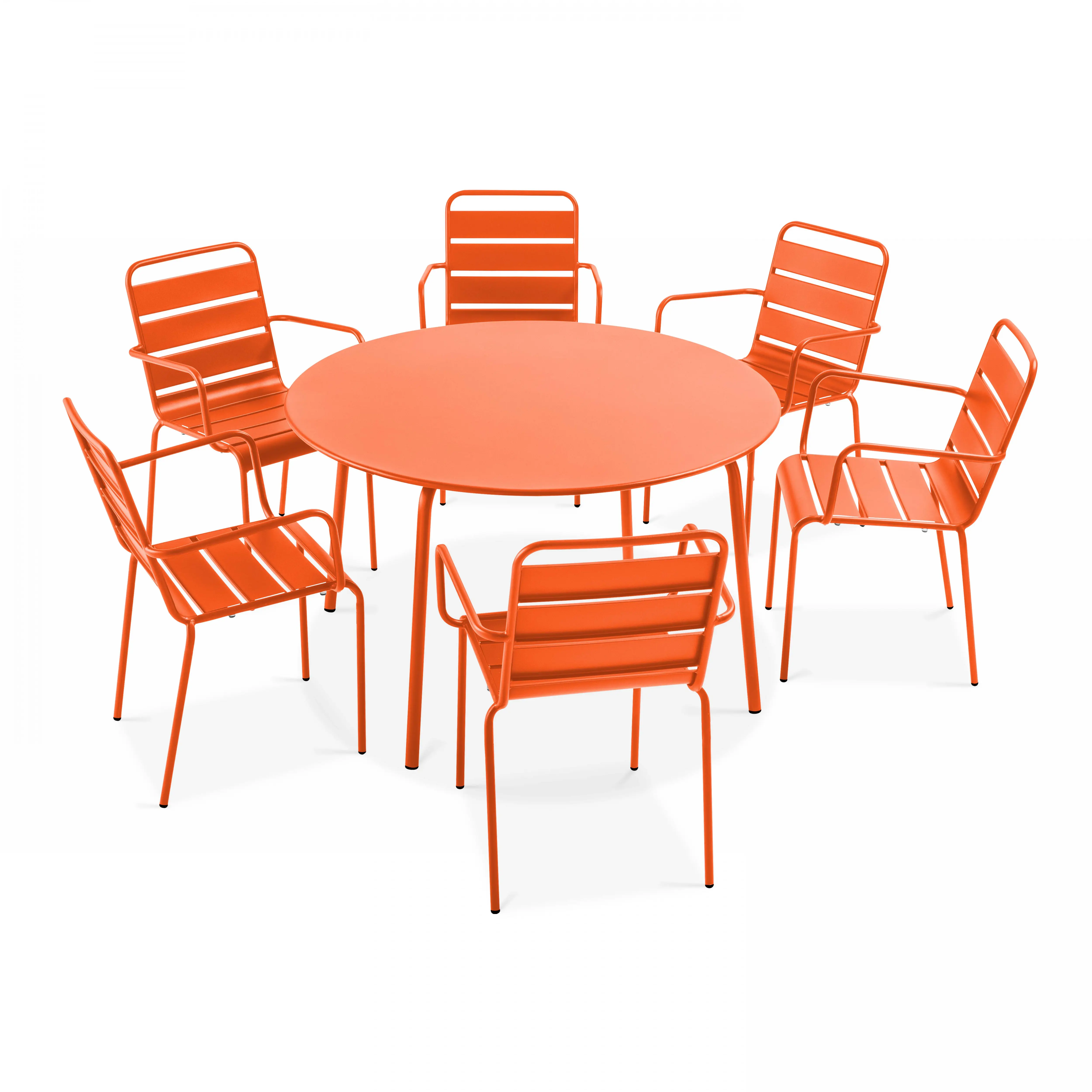 Ensemble table de jardin ronde et 6 fauteuils acier orange Palavas – Oviala