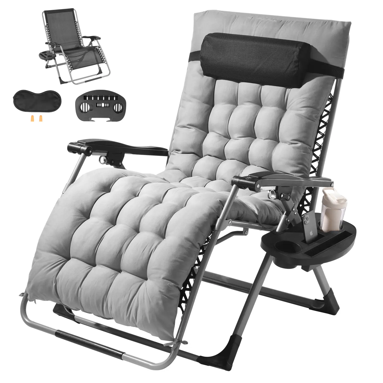VEVOR Fauteuil inclinable zéro gravité 825 mm, charge 226,8 kg, coussin, appui-tête. Gris.