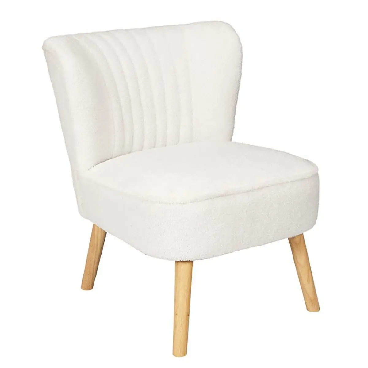 Fauteuil en Tissu Bouclettes Blanc Pieds Bois Naturel – KELIOS