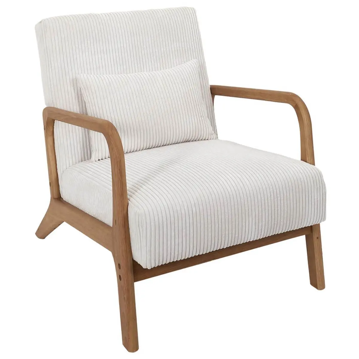 Fauteuil en velours côtelé coloris crème pieds et accoudoirs en hévéa – AMORY