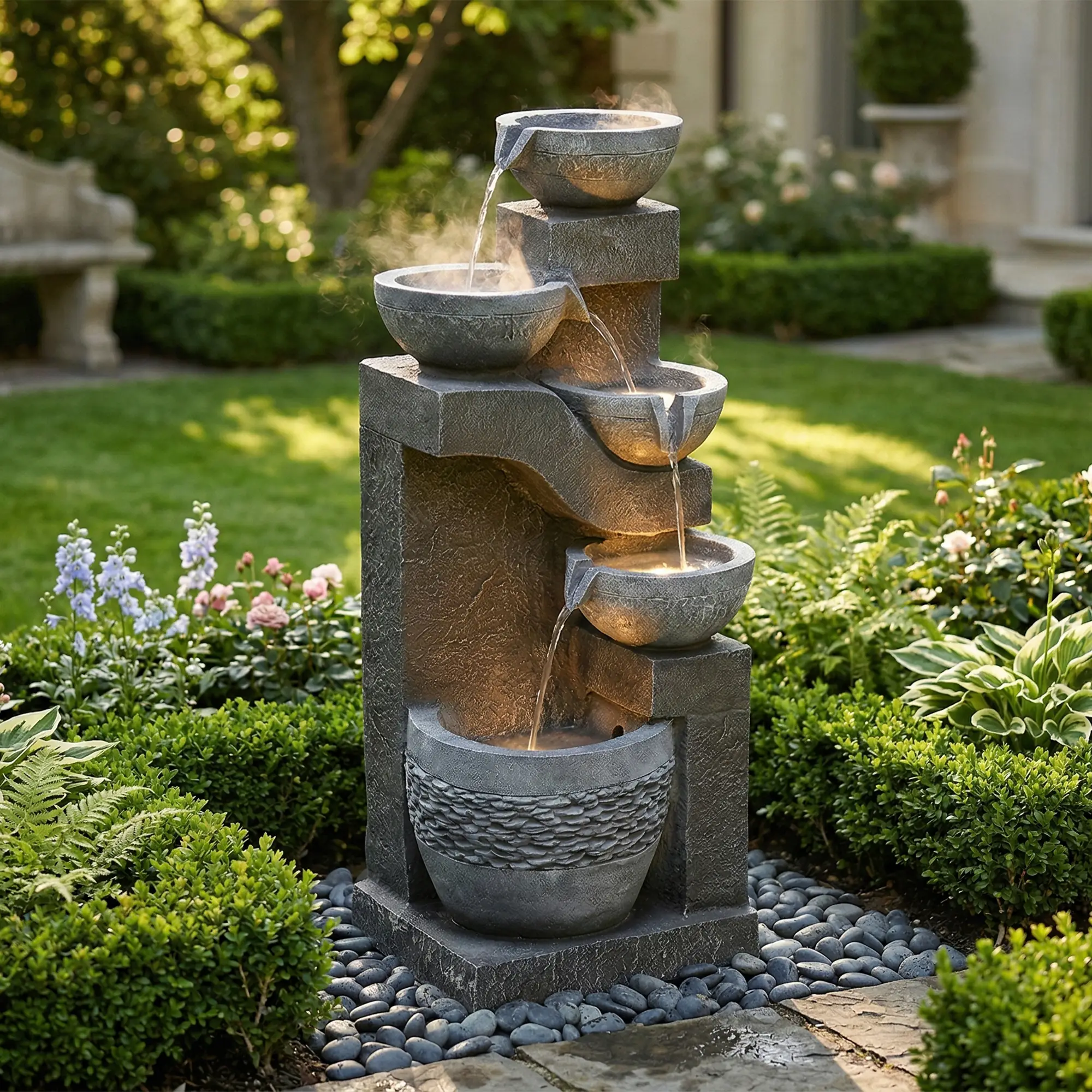 Fontaine cascade en résine pour jardin et terrasse avec pompe et éclairage LED 77,5cm Gris – ComfortXL Outdoor Living