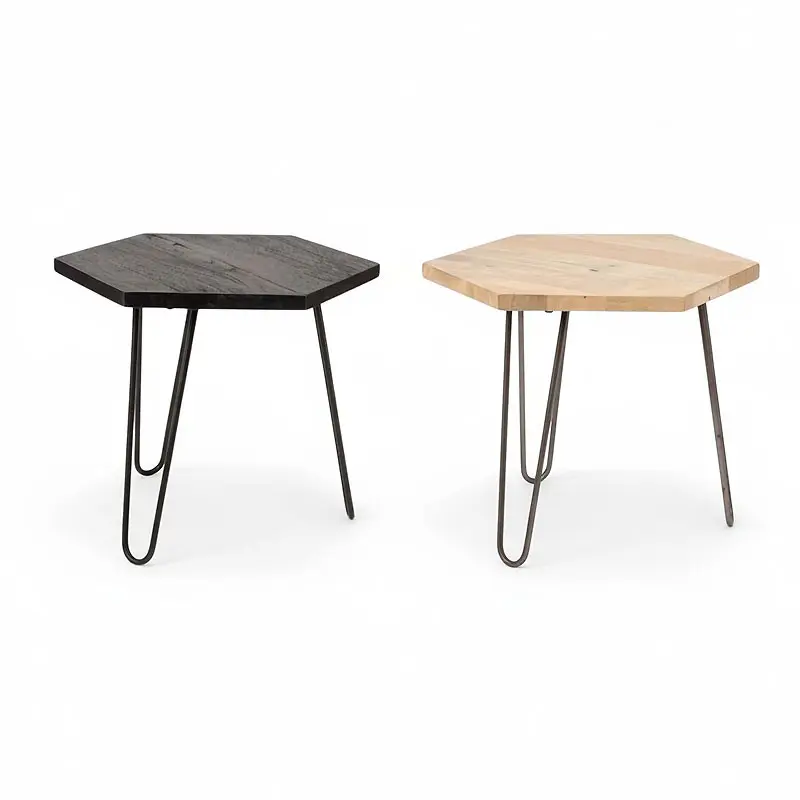 Ensemble 2 Tables d’Appoint Hexagonales en Bois de Manguier et Métal 55x55x45cm