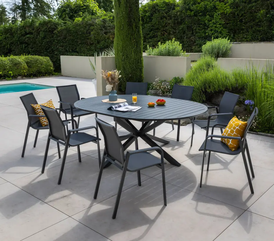 Ensemble table et chaises de jardin 8 places anthracite AIX