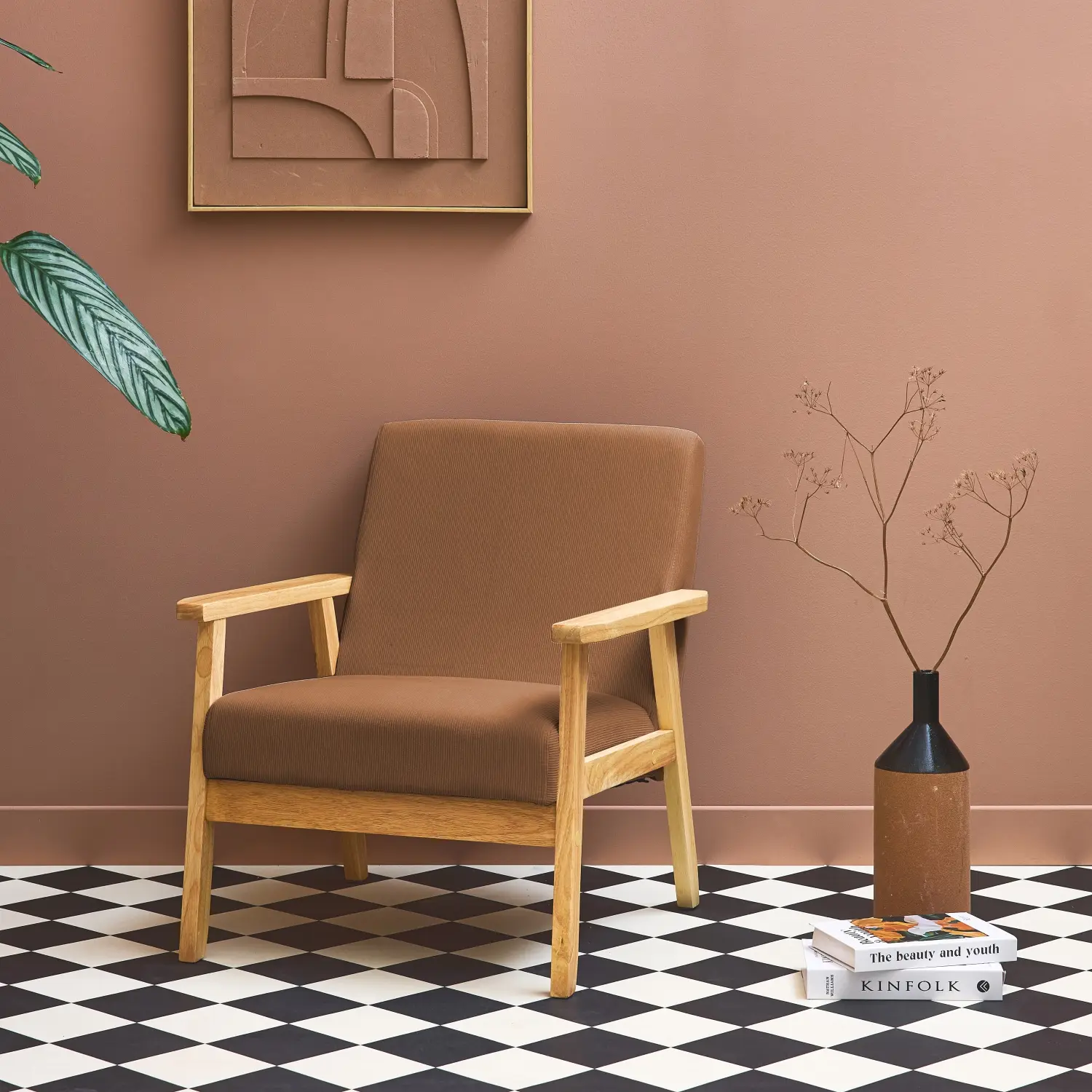 Fauteuil vintage / scandinave structure en bois et contreplaqué et assise en velours côtelé coloris marron | sweeek