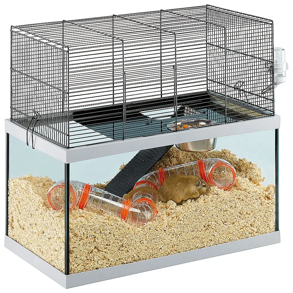 FERPLAST Cage pour Rongeurs GABRY 60 pour Gerbilles, Hamsters, en Métal et Verre, Accessoires inclus : Abreuvoir, Abreuvoir, Etagère, Echelle, Set de