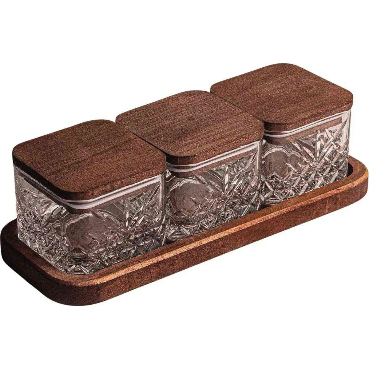 Ensemble pots en verre avec couvercle et plateau bois 3 pots carrés – Milla