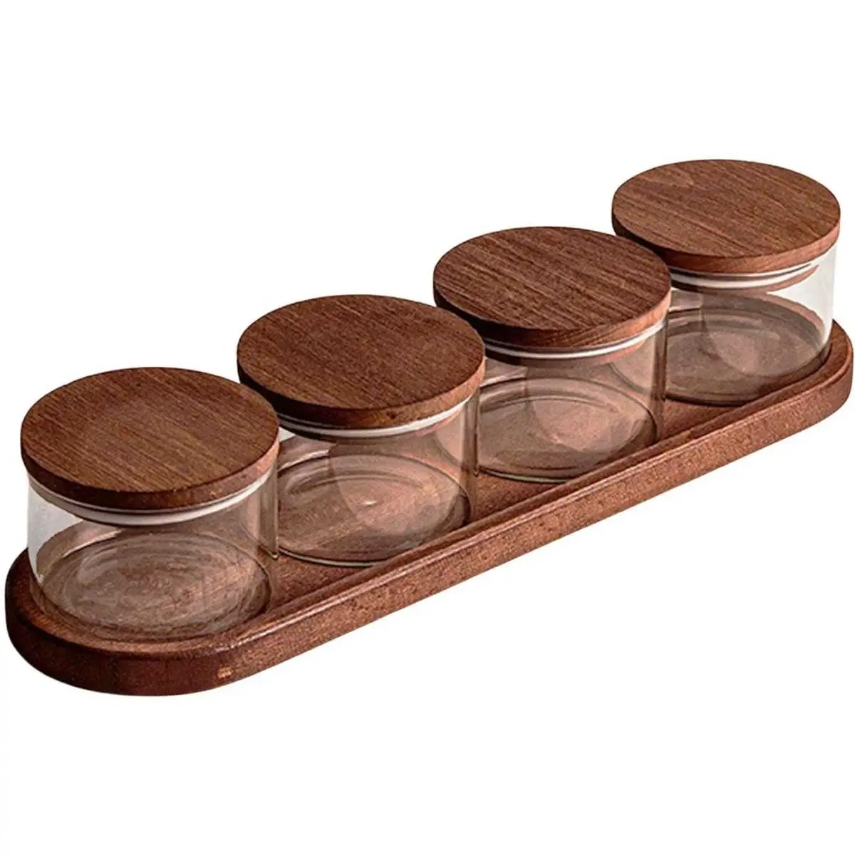Ensemble pots en verre avec couvercle et plateau bois 4 pots ronds – Doria