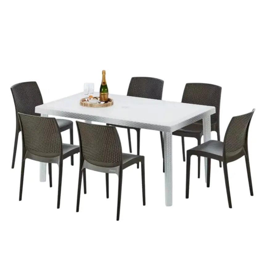 Ensemble de table rectangulaire blanche 150x90cm 6 chaises Blue Lagoon|Marron
