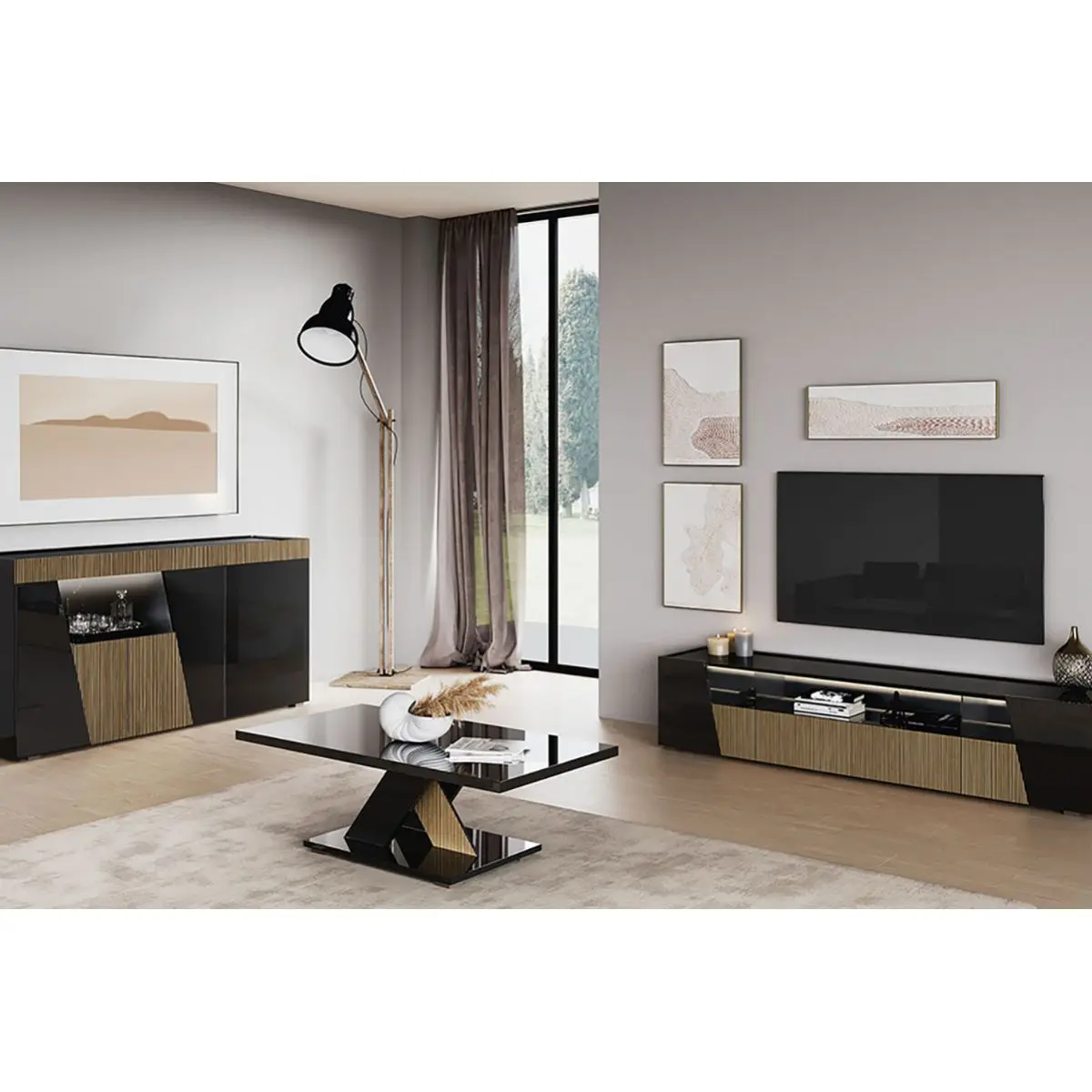 Ensemble Salon Laqué Noir Décor Bois Meuble TV et Buffet avec Leds + Table Basse – KADALA