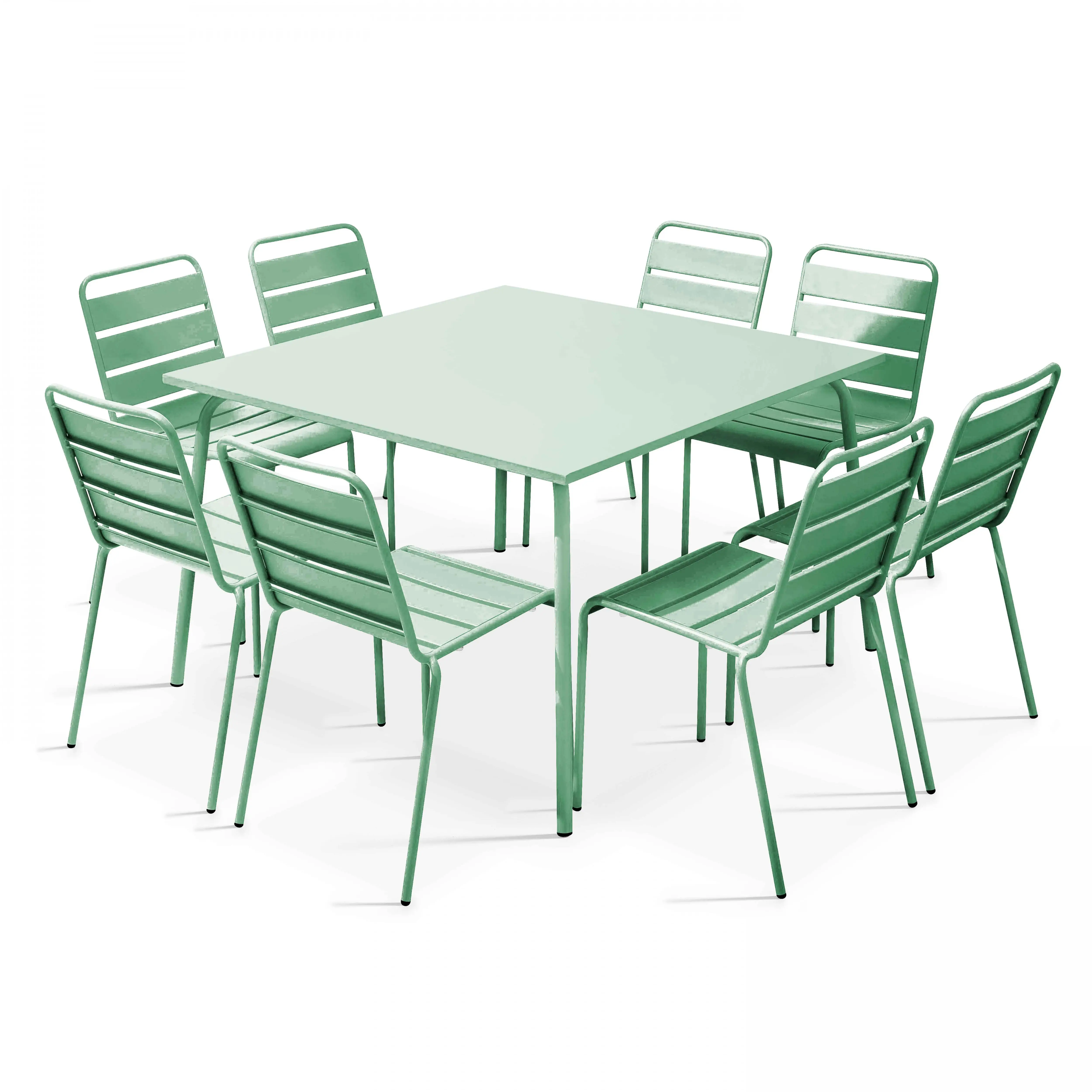 Ensemble table de jardin et 8 chaises en métal vert sauge Palavas – Oviala