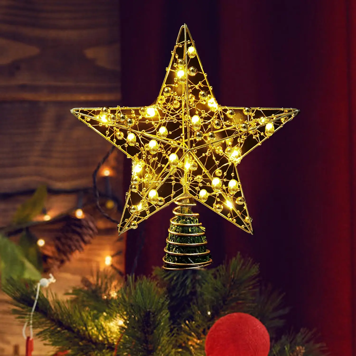 Étoiles brillantes de Noël, lumières d’étoiles de sapin de Noël, lumières de nuit à perles dorées à lumière chaude, cadeaux de vacances