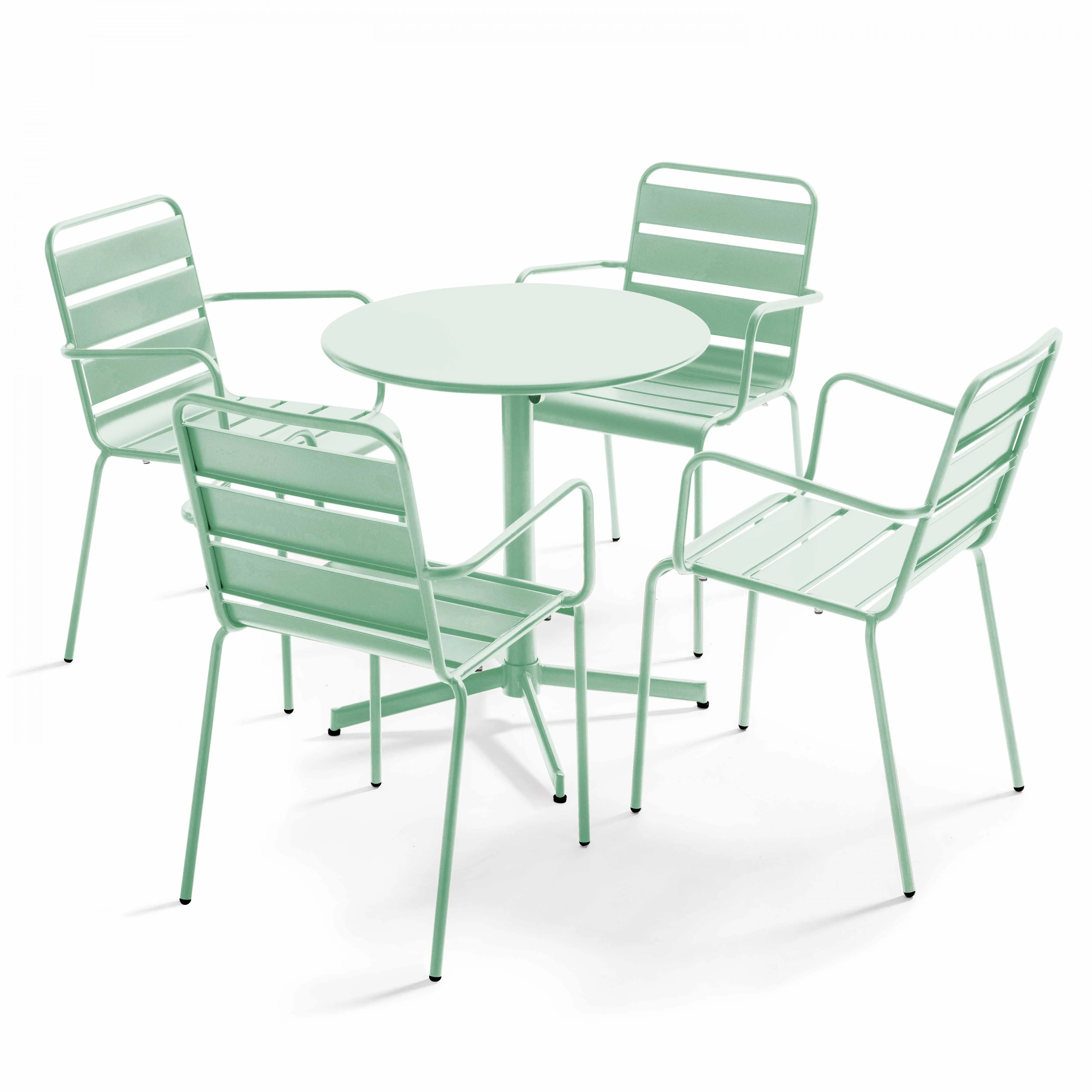 Ensemble table de jardin et 4 fauteuils métal vert sauge Palavas – Oviala