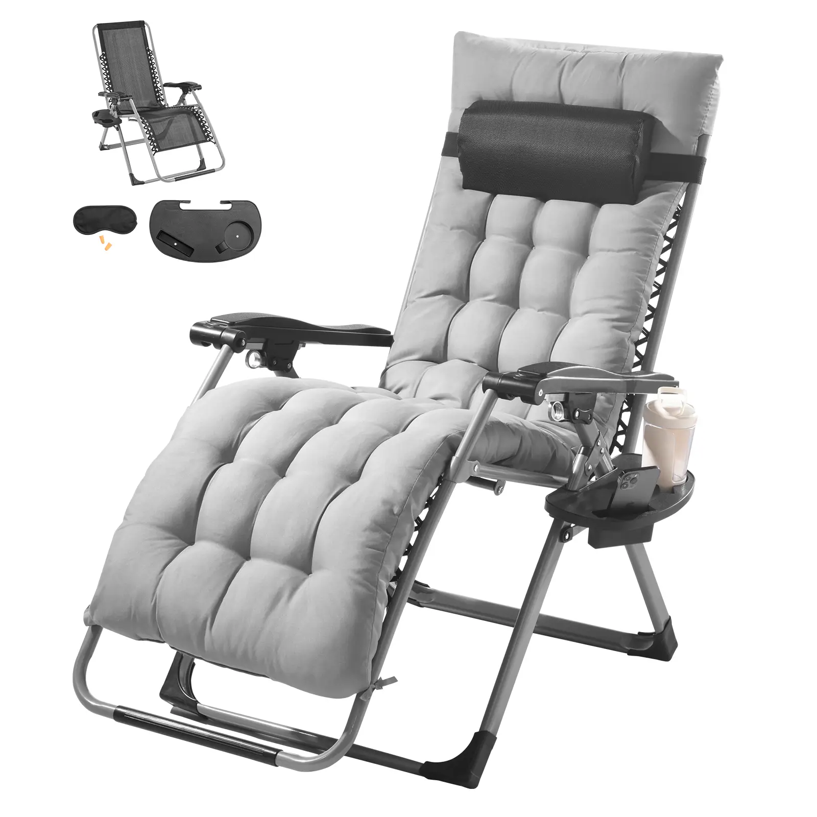 VEVOR Fauteuil inclinable zéro gravité 645 mm, charge 226,8 kg, coussin. Gris.
