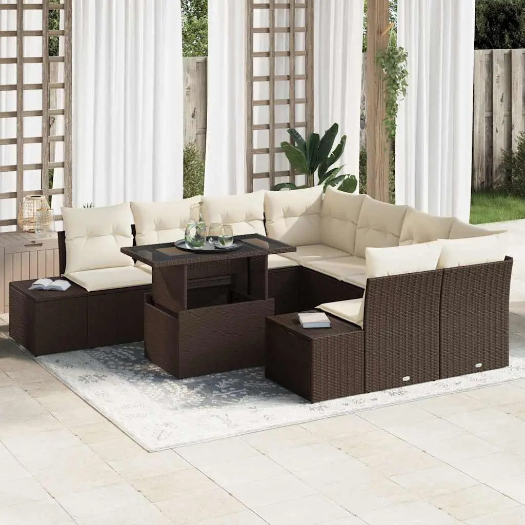 Ensemble XXL Terrasse 9 pcs Résine Tressée Coffres de Rangement Coussins Marron et Crème – ComfortXL Outdoor Living
