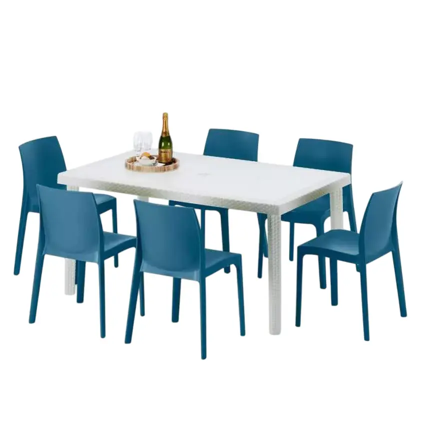 Ensemble de table rectangulaire blanche 150x90cm 6 chaises Moscow Mule|Bleu