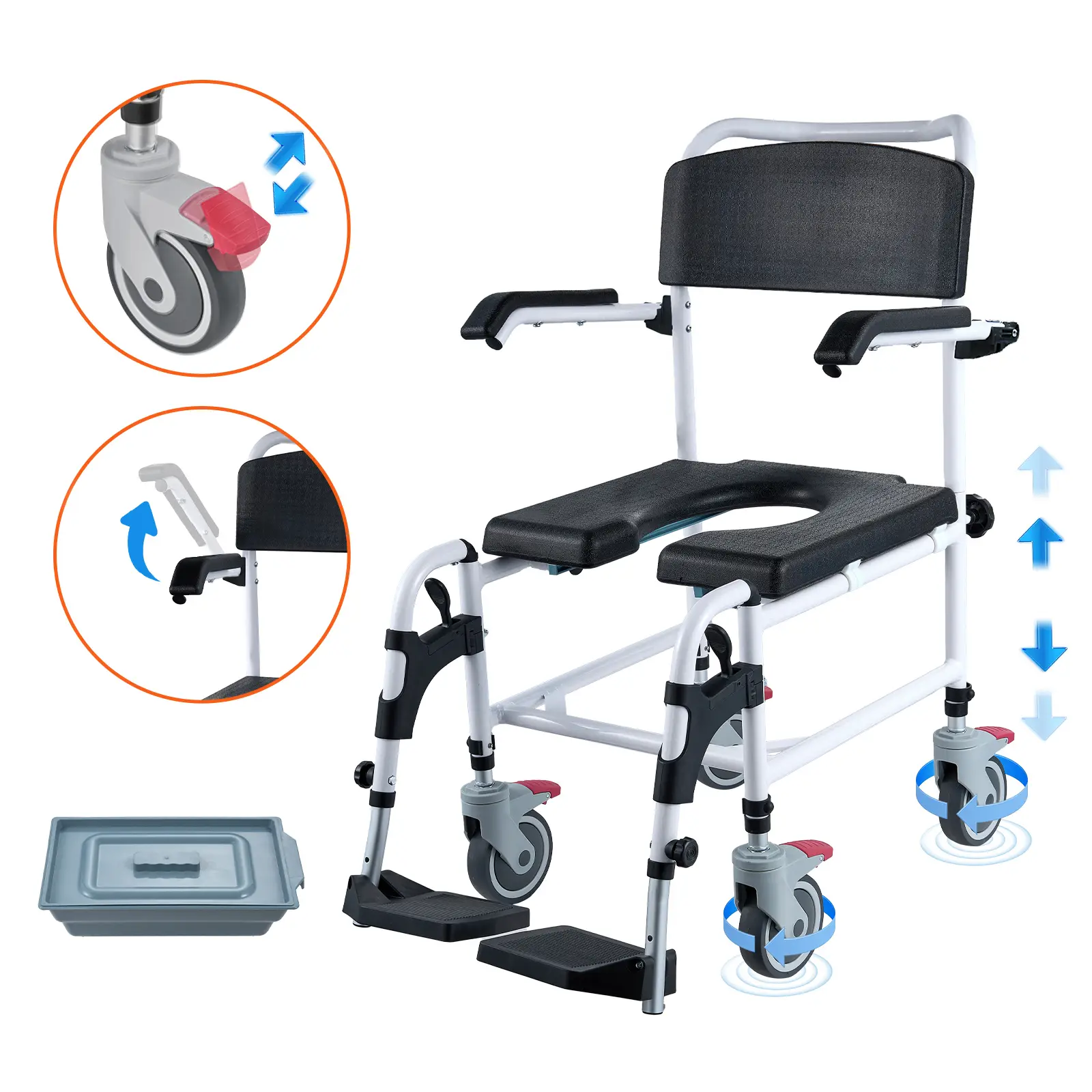 Fauteuil toilette 4 roues, repose-pieds rabattables, hauteur réglable, seau 5L, charge 158.8kg.