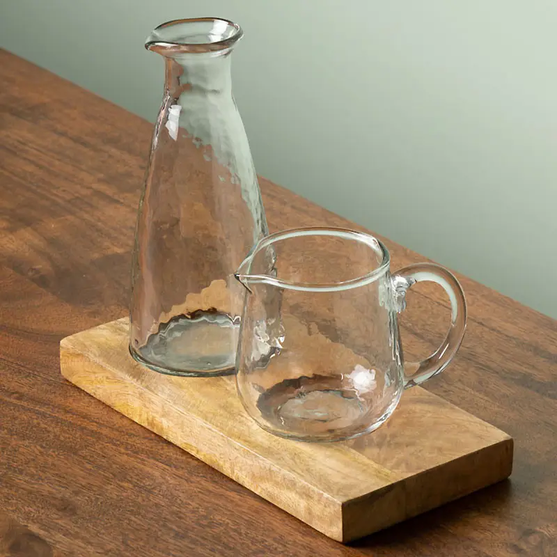 Duo Huilier et Vinaigrier en Verre sur Plateau en Bois de Manguier 19x11x22cm