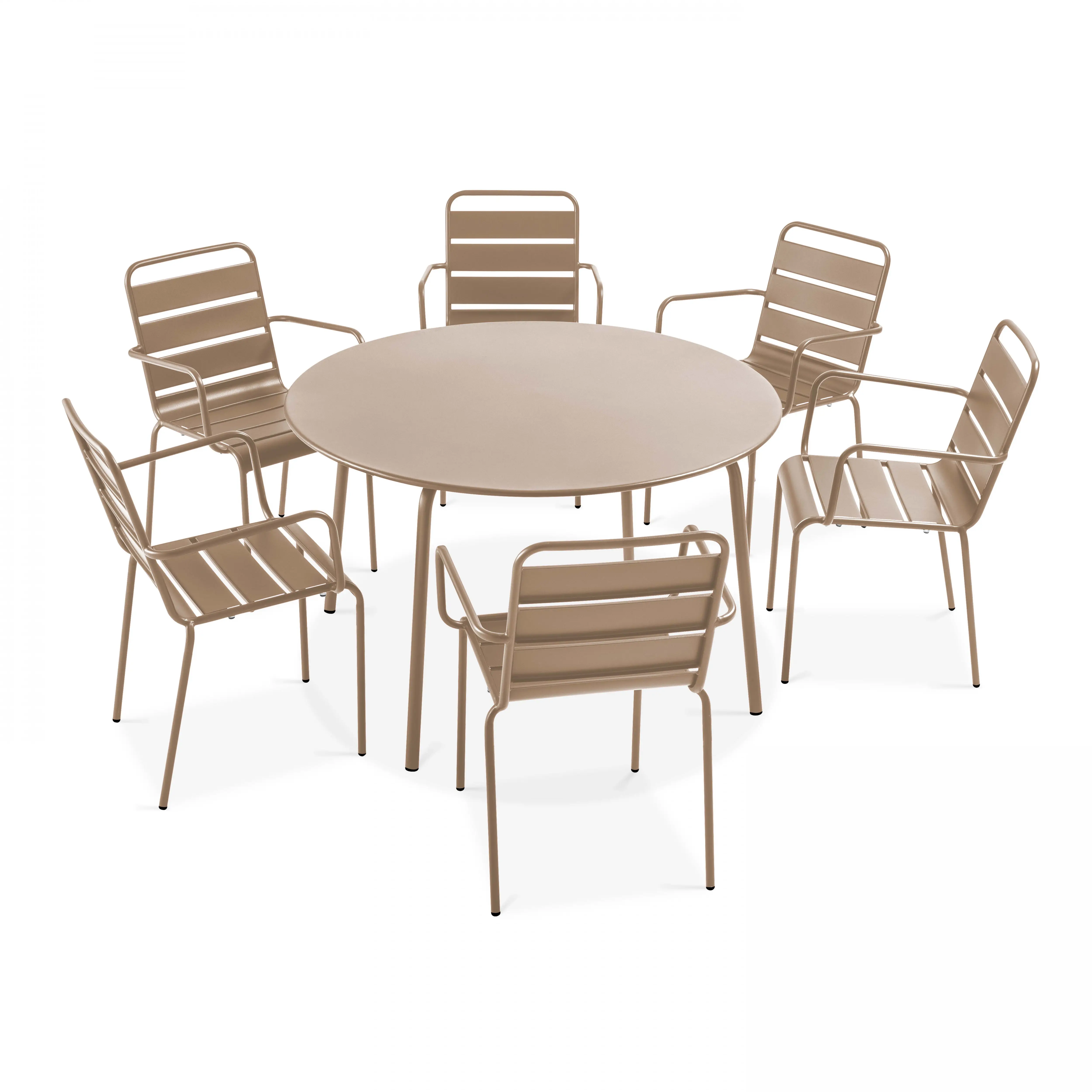 Ensemble table de jardin ronde et 6 fauteuils acier taupe Palavas – Oviala