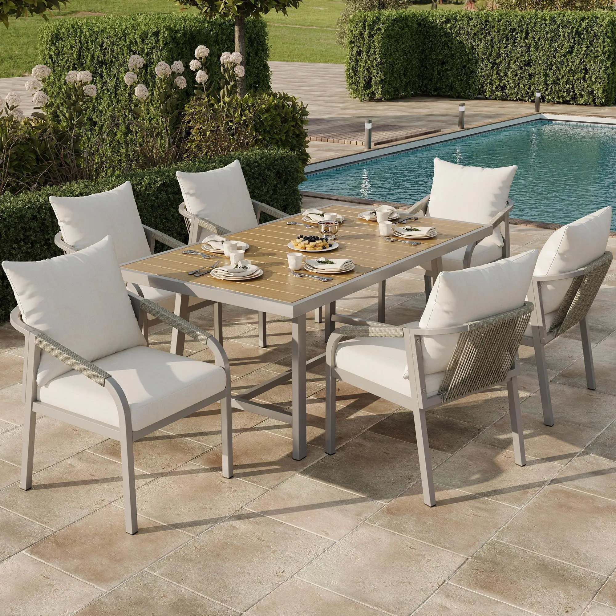 Ensemble de table et chaises de jardin, en tubes d’acier galvanisé, plateau en bois synthétique, design en corde tressée, couleur kaki + beige