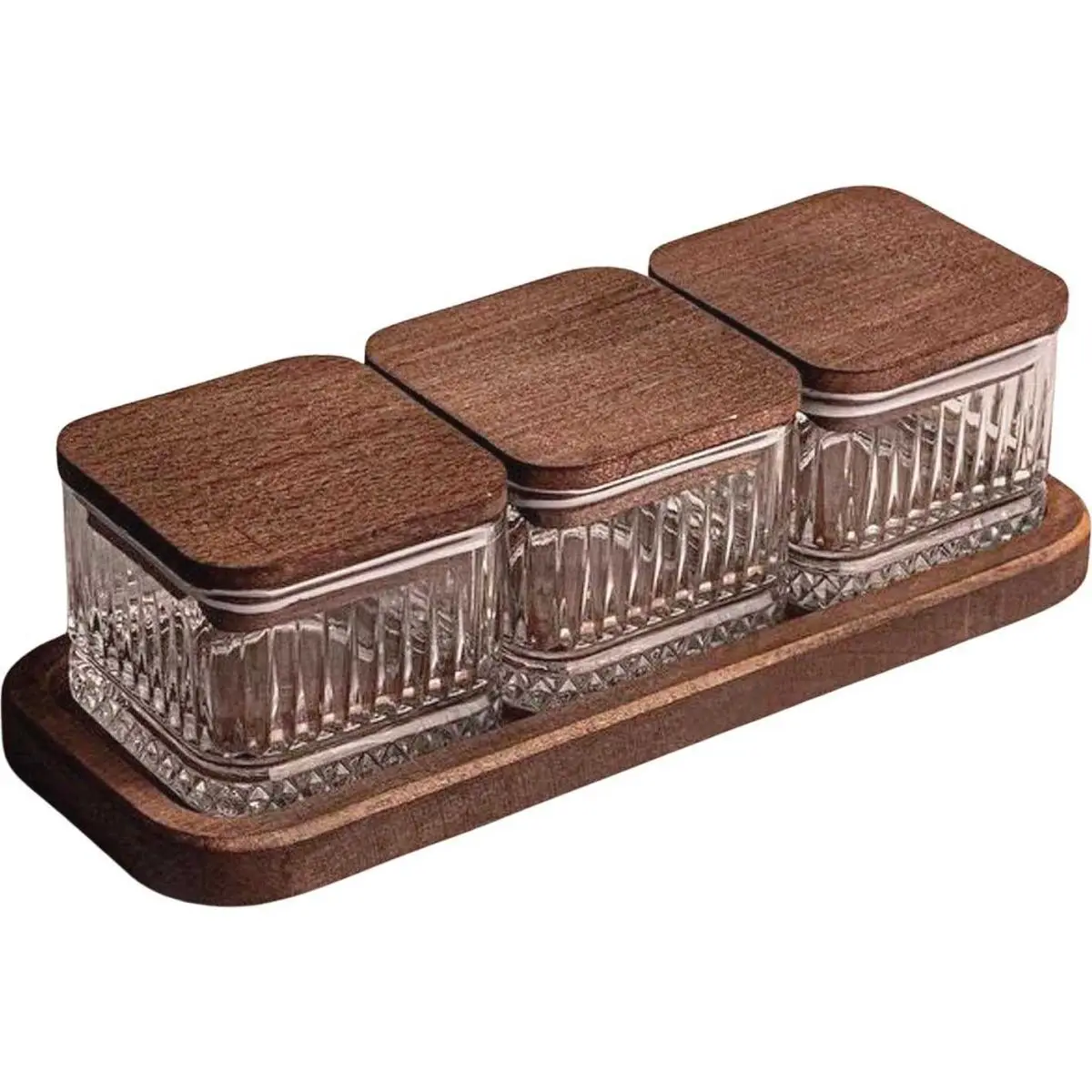 Ensemble pots en verre avec couvercle et plateau bois 3 pots carré – Bella