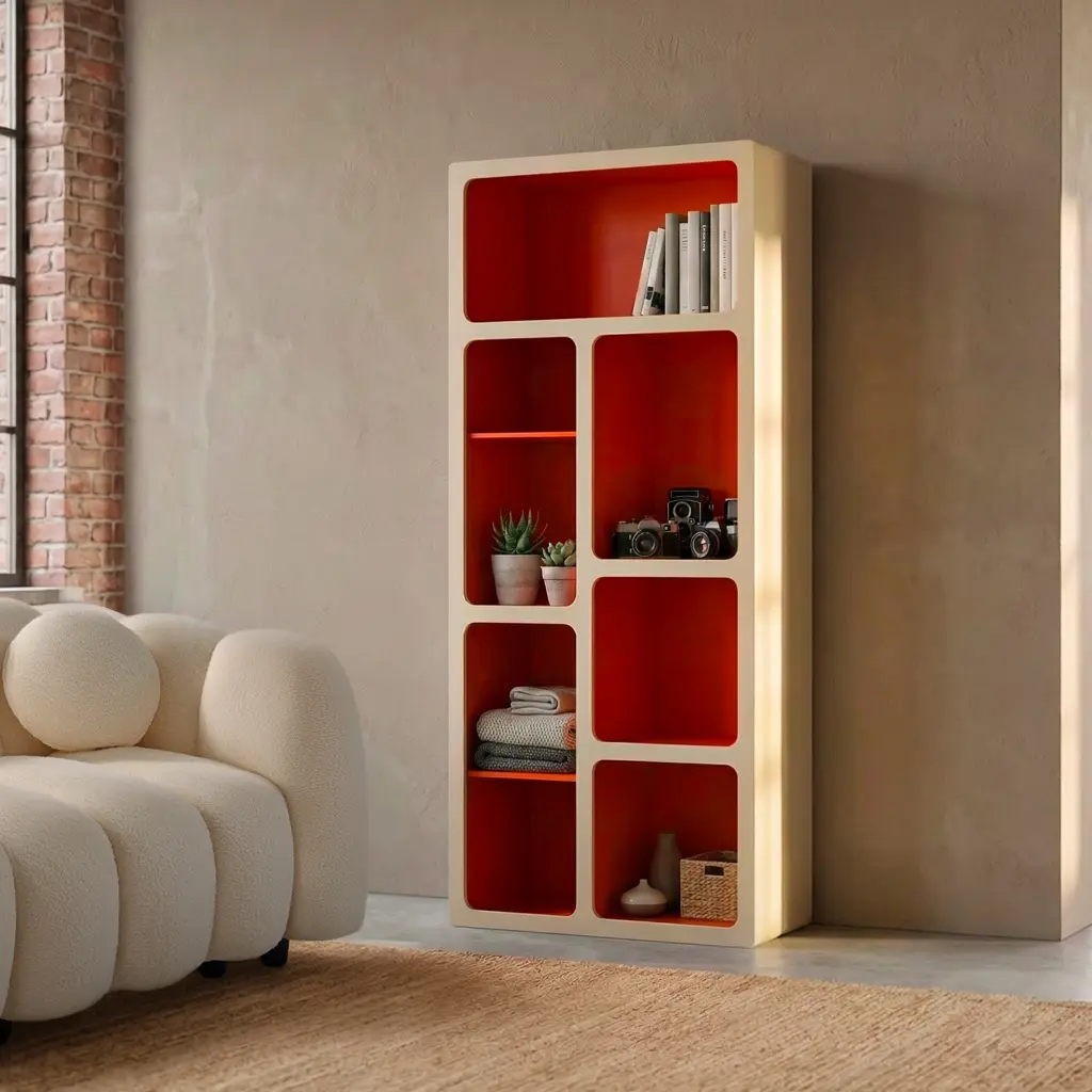 Etagère bibliothèque organique décor bois 8 compartiments orange – Agatha | sweeek