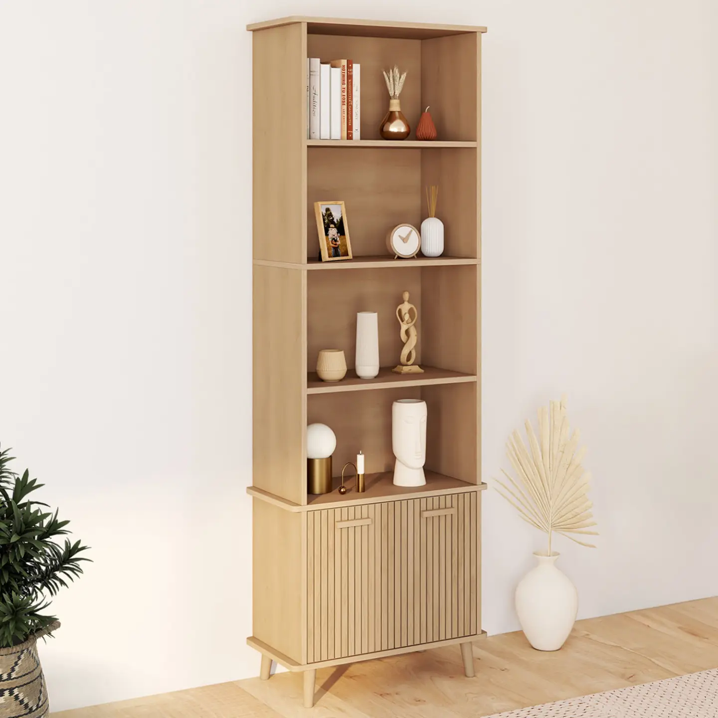 Etagère bibliothèque 4 niveaux avec placard JULIETTE lattes tasseau bois coloris chêne