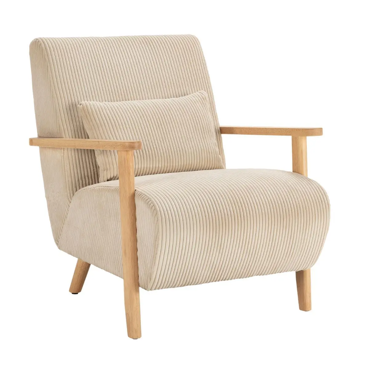 Fauteuil en velours côtelé beige vintage avec accoudoirs et pieds en chêne naturel – BONIFACE