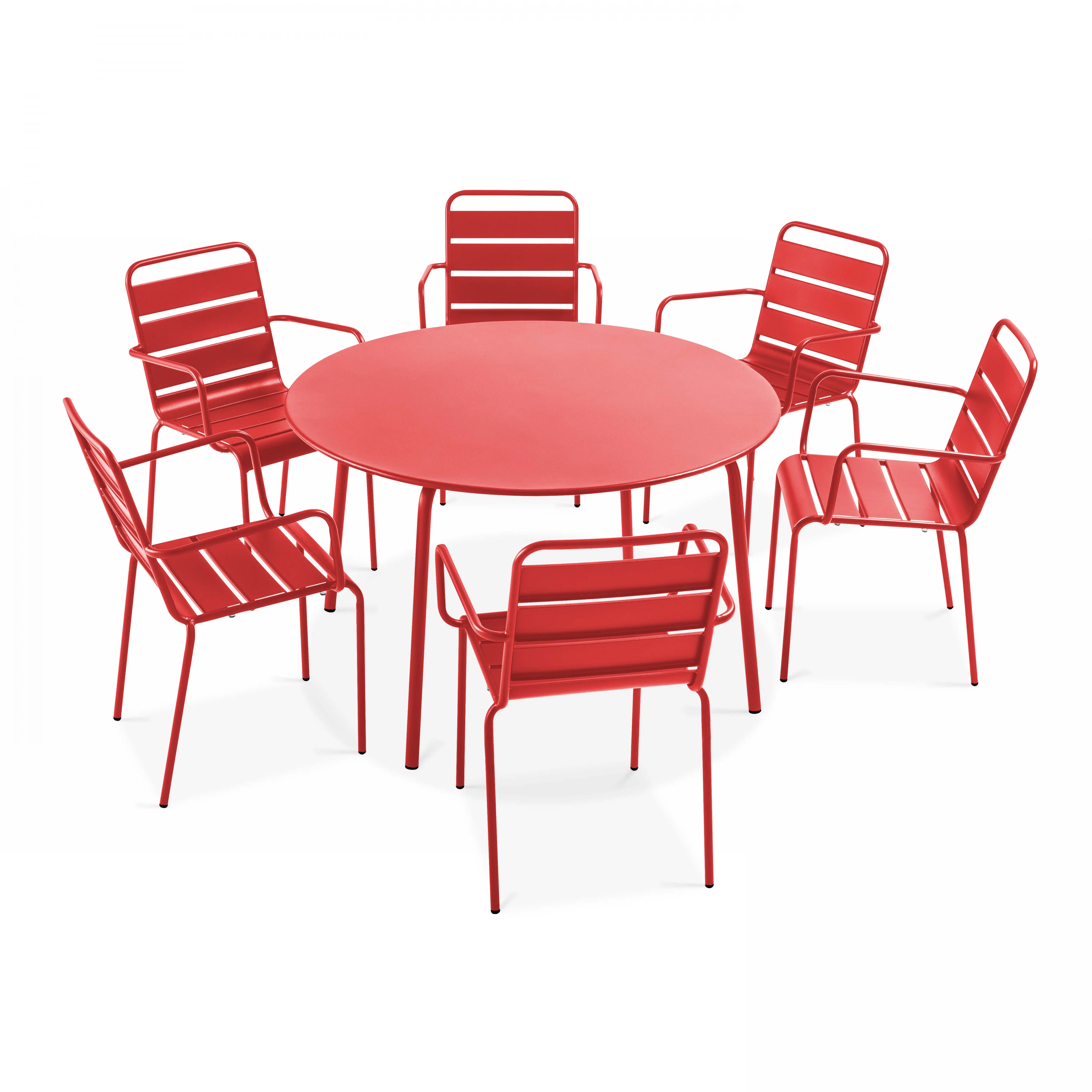 Ensemble table de jardin ronde et 6 fauteuils acier rouge Palavas – Oviala
