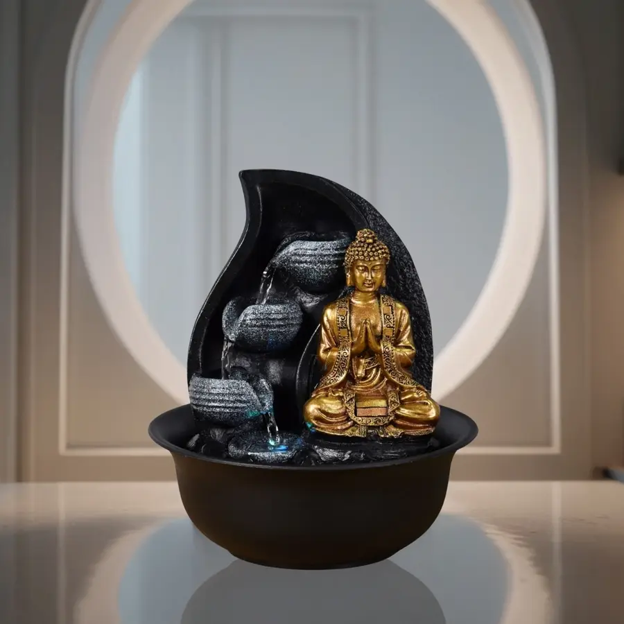 Fontaine Bouddha Praya – Fontaine d’Intérieur Statue Amovible – Décoration Zen – Idée Cadeaux – Marron et Dorée – H 26cm – Zen’Light